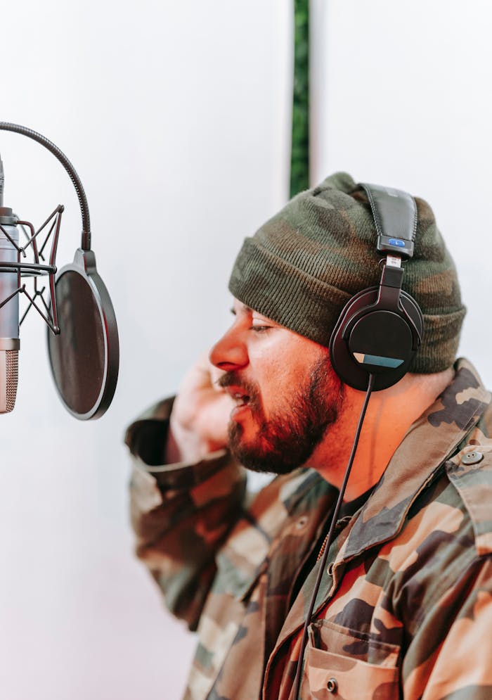 our-story A man in a recording studio singing into a microphone wearing headphones and a military jacket.